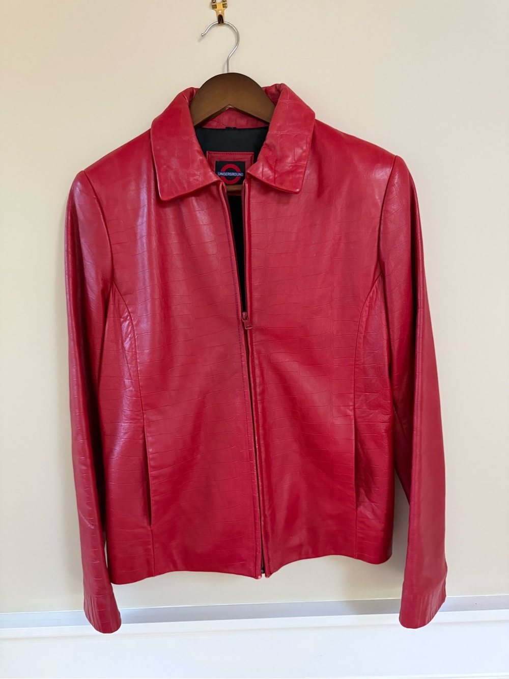 Women vintage underground crocodile embossed Red Leather Bomber Jacket with Zip